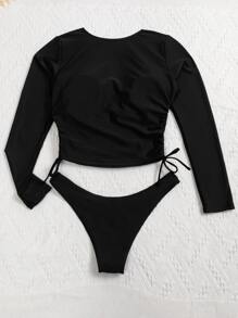 SHEIN Swim Camiseta de manga larga para nadar con cordón y nudo en el lateral, para playa de verano - Negro - Ver 2