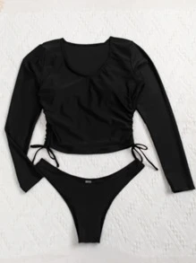 SHEIN Swim Camiseta de manga larga para nadar con cordón y nudo en el lateral, para playa de verano - Negro - Ver 5