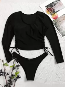 SHEIN Swim Camiseta de manga larga para nadar con cordón y nudo en el lateral, para playa de verano - Negro - Ver 6