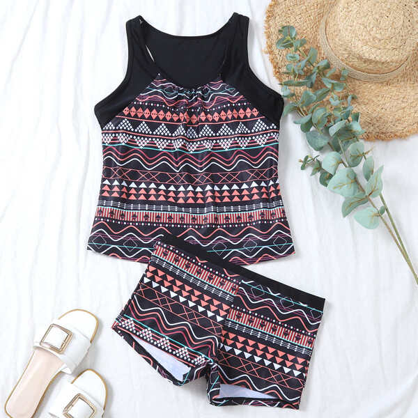 

Geo Print Shorts Bikini Swimsuit, Black