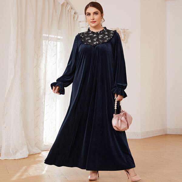 

Plus Flounce Sleeve Velvet Dress, Navy blue