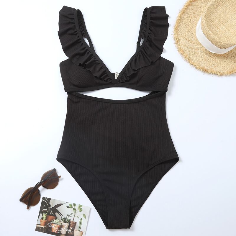 

Rib Cut-out Ruffle Trim One Piece Swimsuit, Dark grey