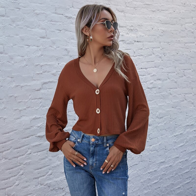 

Solid Button Through Drop Shoulder Top, Rust brown