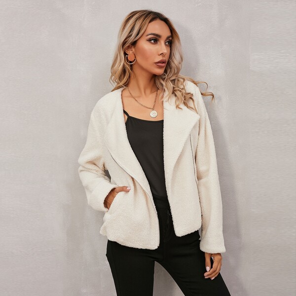 

Solid Waterfall Collar Teddy Moto Jacket, Beige