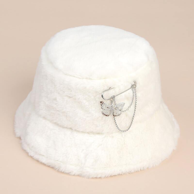 

Butterfly Decor Pin Fluffy Bucket Hat, White