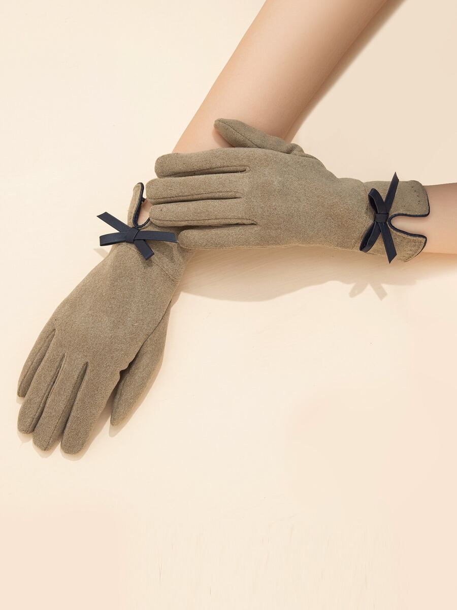 Bow Decor Gloves - Khaki - View 1