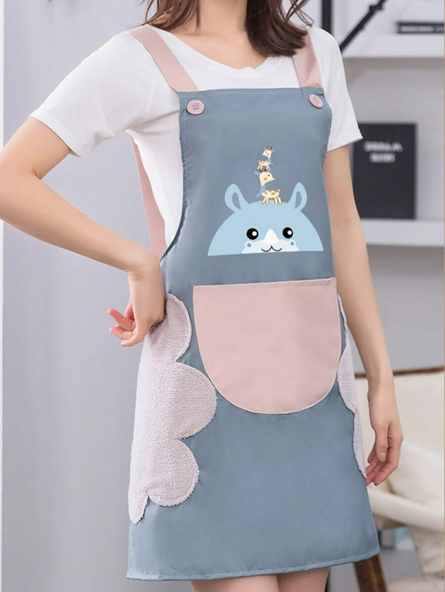 1pc Cartoon Printed Waterproof Adult Fabric Apron - Dusty Blue - View 1