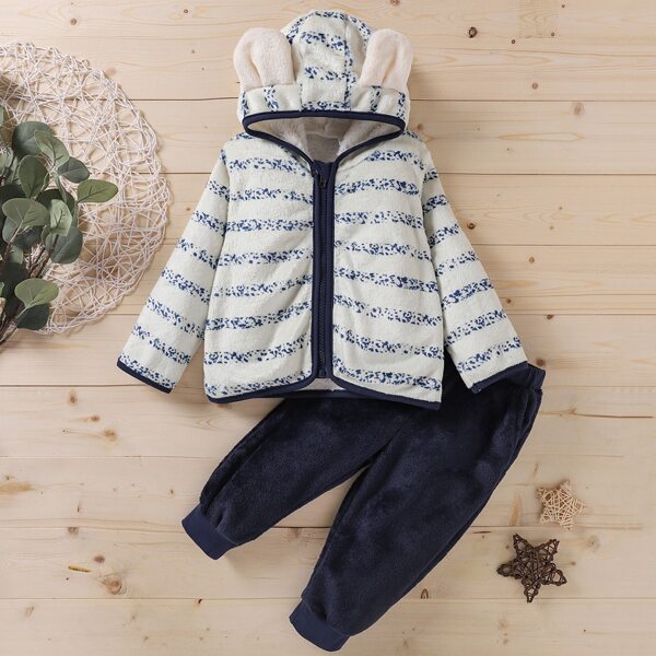 

Baby Unisex Striped 3D Ears Design Hooded Teddy Coat & Pants, Blue and white