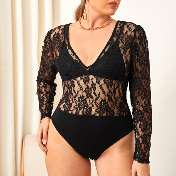 

Plus Sheer Lace Bodysuit Without Bra, Black