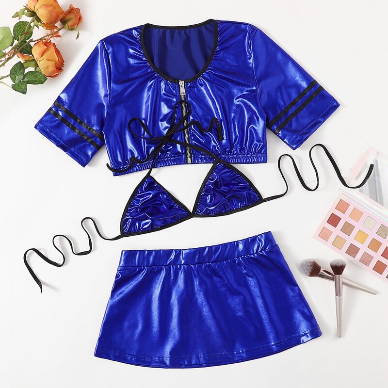 

3pack Zip Front Faux Leather Sexy Costume, Royal blue