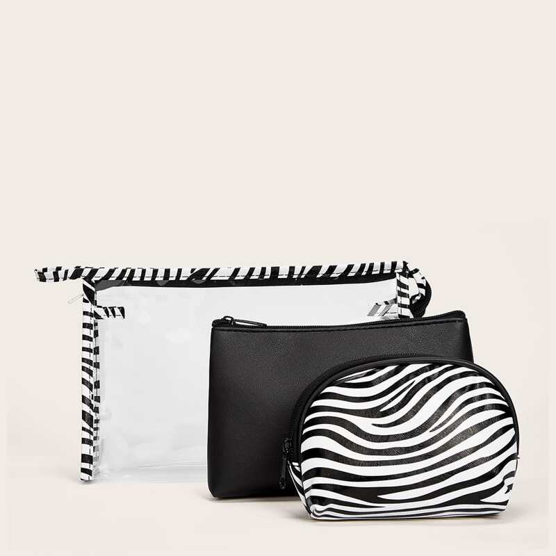 

3pcs Zebra Stripe Print Makeup Bag, Multicolor