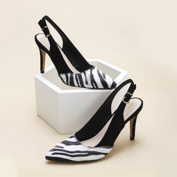 

Zebra Striped Stiletto Ultra High Heel Slingback Pumps, Black and white