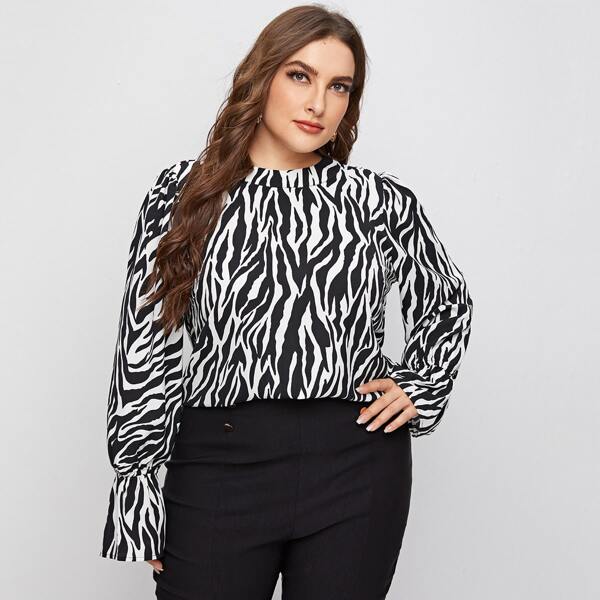 

Plus Zebra Striped Flounce Sleeve Top, Black and white