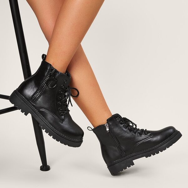 

Side Zipper Lace-up Front Ankle Boots, Black