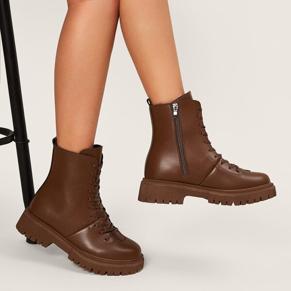 

Side Zipper Lace-up Front Ankle Boots, Brown