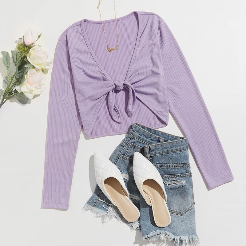 

Knot Front Crop Rib Top, Lilac purple