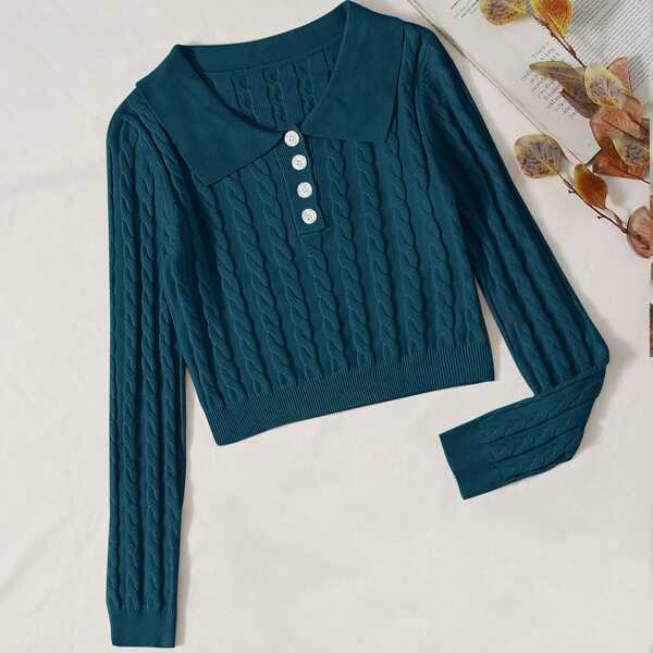 

Button Front Cable Knit Sweater, Teal blue
