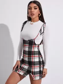 SHEIN EZwear Plaid Tie Shoulder Pinafore Dress - Multicolor - View 4