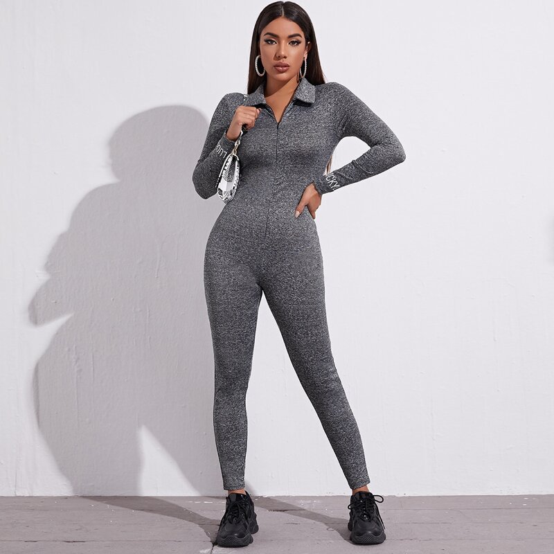 

Letter Graphic Zip Front Unitard Jumpsuit, Grey