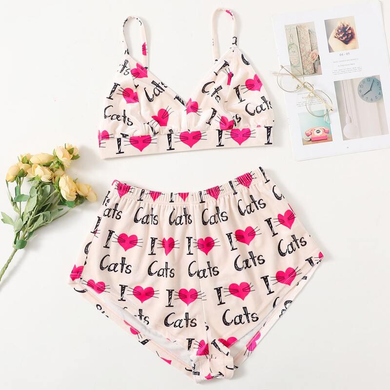 

Letter & Heart Print Shorts PJ Set, Multicolor