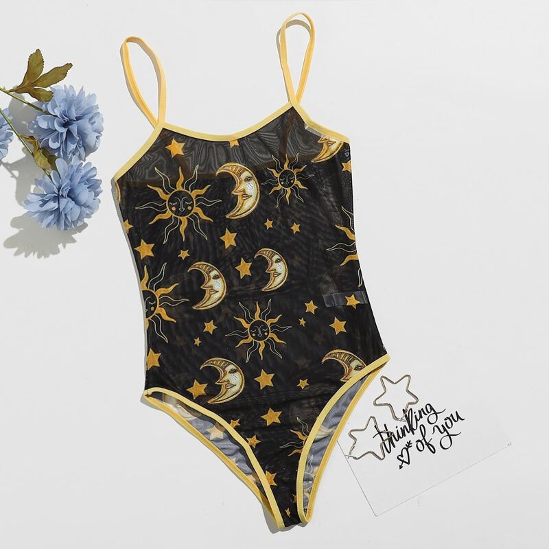

Sun & Moon Graphic Mesh Teddy Bodysuit, Black