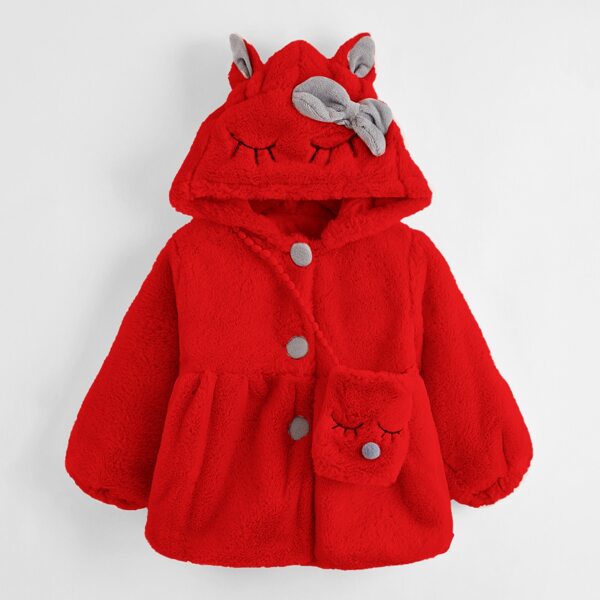 

Toddler Girls Single Breasted 3D Ear Patched Hooded Teddy Coat With Bag, Red neon