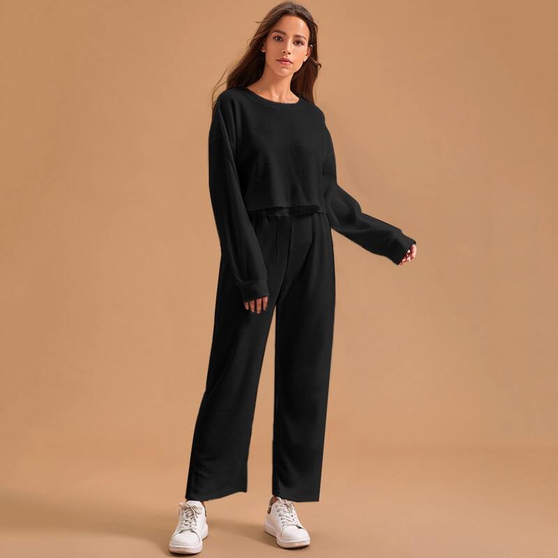 

Solid Drop Shoulder Top With Pants PJ Set, Black