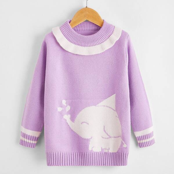 

Girls Cartoon Pattern Ruffle Trim Sweater, Lilac purple