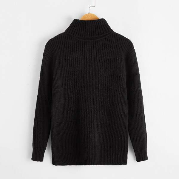 

Boys High Neck Ribbed Knit Sweater, Black