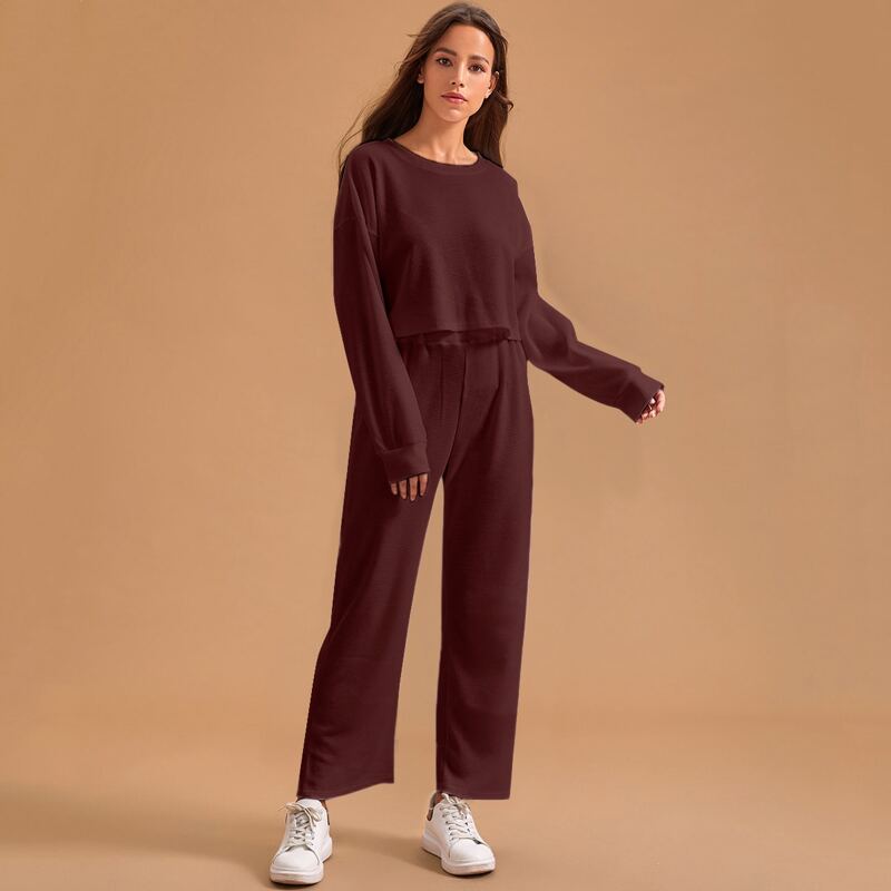 

Solid Drop Shoulder Top With Pants PJ Set, Maroon