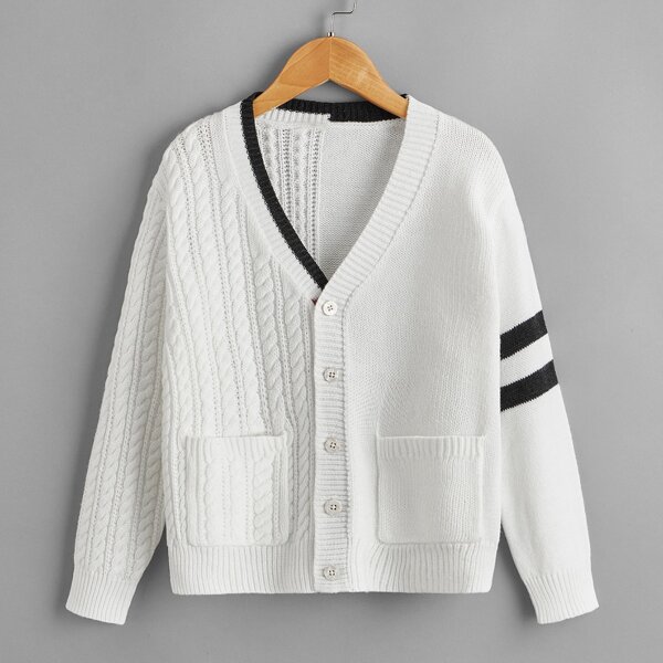 

Boys Striped Dual Pocket Cable Knit Cardigan, White