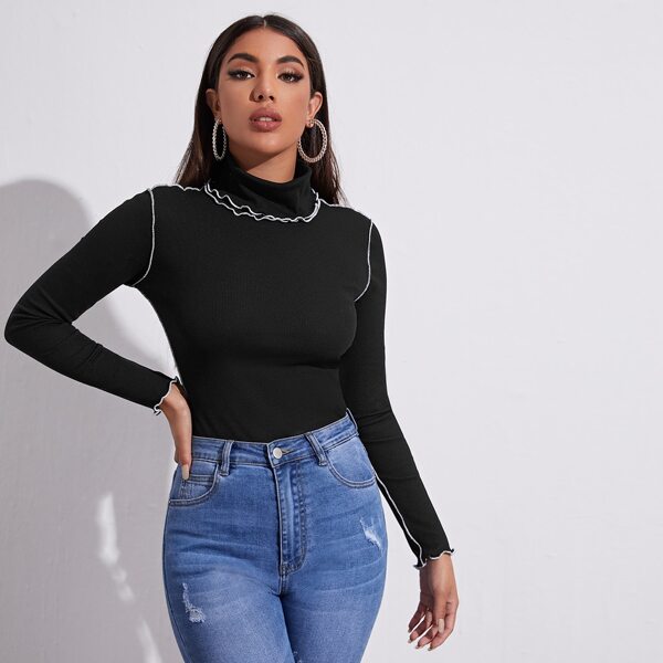 

Funnel Neck Lettuce Trim Slim Tee, Black