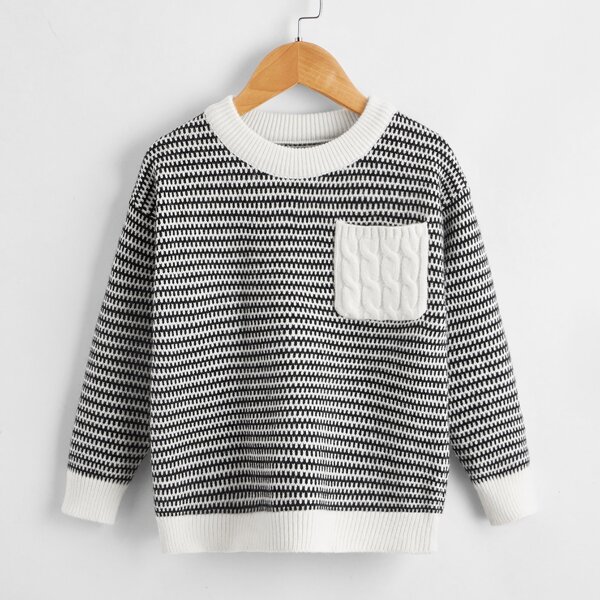 

Toddler Girls Striped Pocket Patched Sweater, Black and white