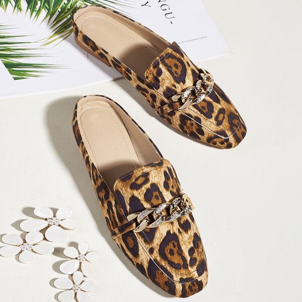 

Rhinestone Chain Decor Leopard Print Flats, Brown