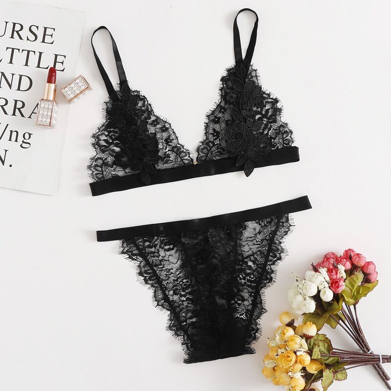 

Eyelash Floral Lace Thong Lingerie Set, Black
