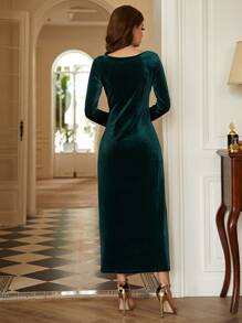 Velvet Ruched Ruffle Trim Wrap Dress - Dark Green - View 2