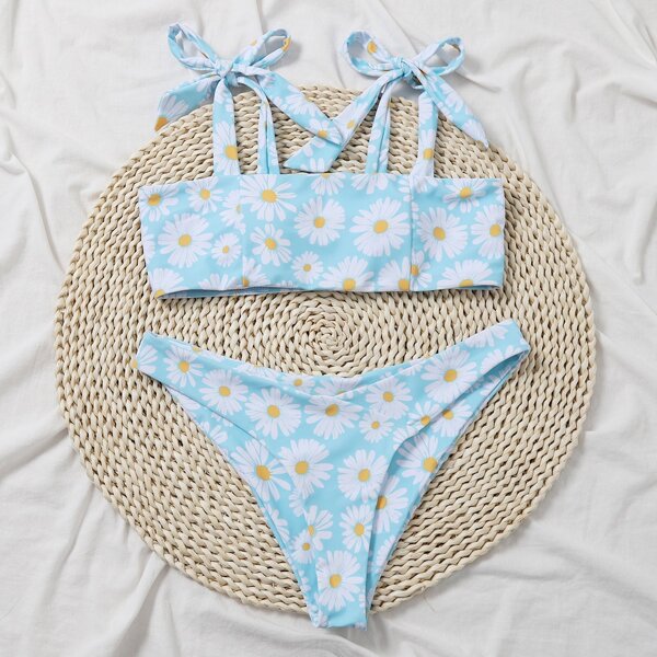 

Daisy Floral Tie Shoulder Bikini Swimsuit, Multicolor