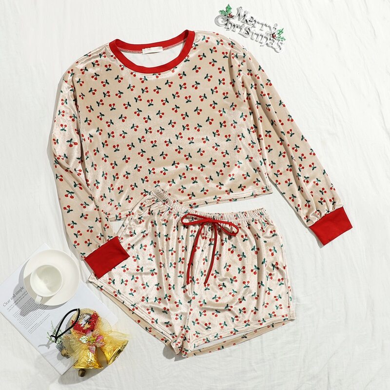 

Cherry Print Contrast Binding PJ Set, Multicolor