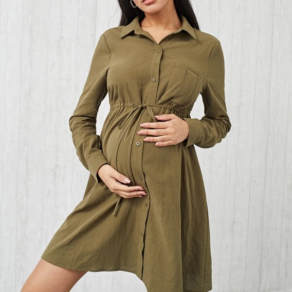 

Maternity Drawstring Waist Shirt Dress, Army green