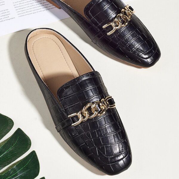 

Chain Decor Croc Embossed Flats, Black