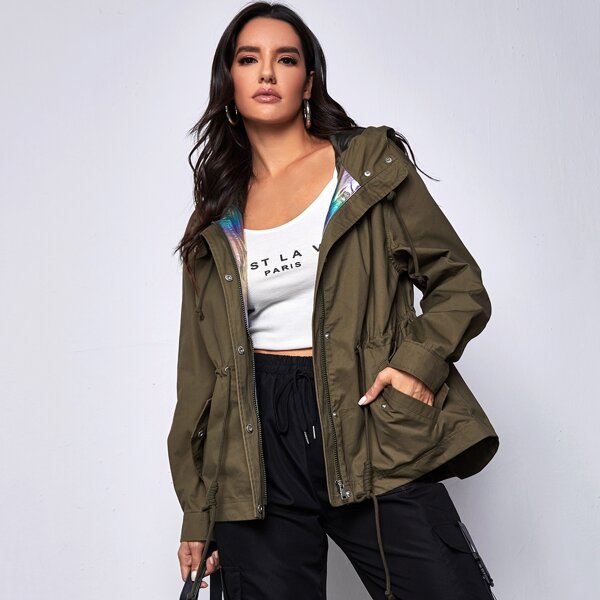 

Drawstring Waist Zip Up Hooded Parka Coat, Army green