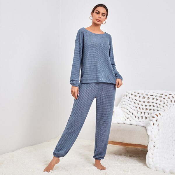 

Drop Shoulder Top & Pants Lounge Set, Dusty blue