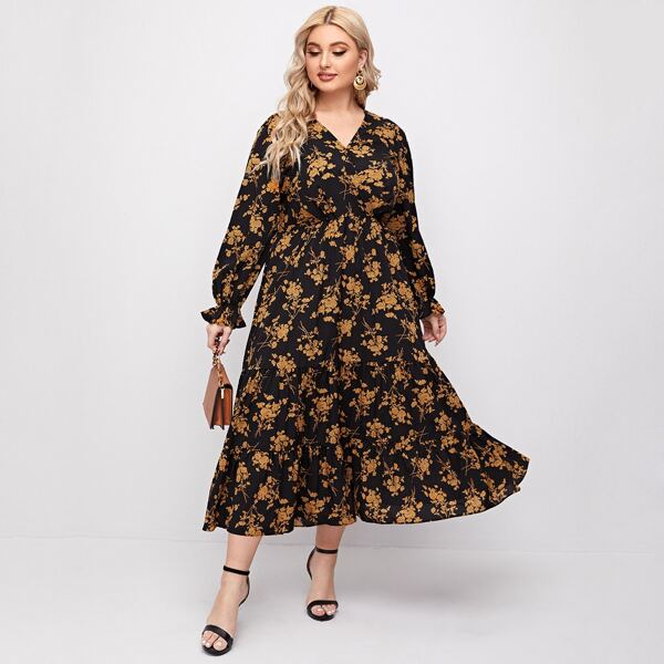 

Plus Floral Print Ruffle Hem Dress, Multicolor