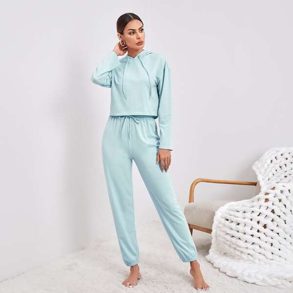 

Drawstring Hooded Top & Pants Lounge Set, Baby blue