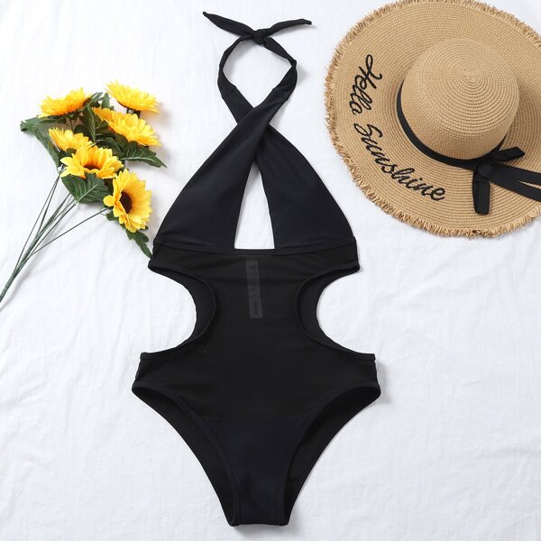 

Contrast Mesh Cut-out Cross Halter One Piece Swimsuit, Black