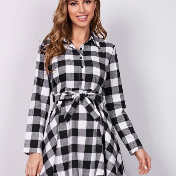 

Buffalo Plaid Self Tie Button Front Shirt Dress, Multicolor