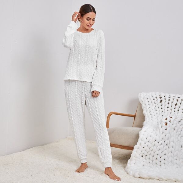 

Cable Knit Top With Pants Lounge Set, White