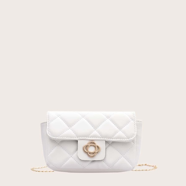 

Metal Flower Decor Quilted Chain Shoulder Bag, White
