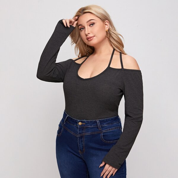 

Plus Criss Cross Tie Back Solid Tee, Dark grey