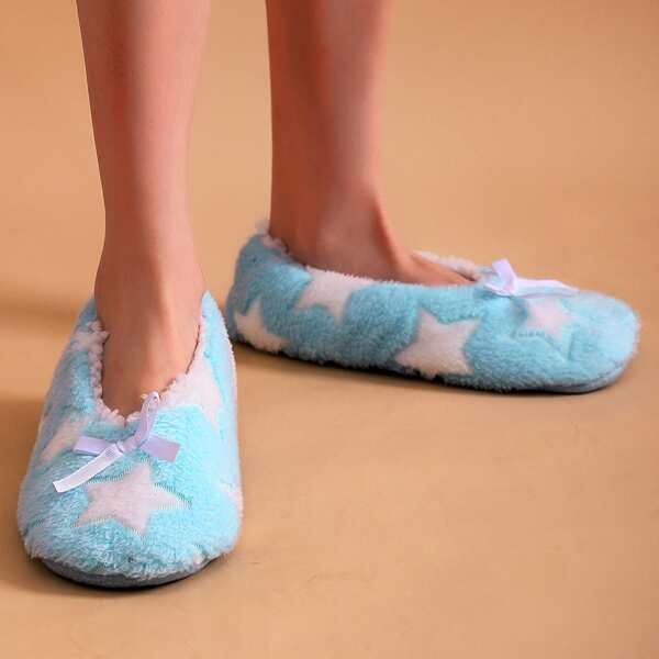 

Bow Decor Star Graphic Fluffy Slippers, Baby blue
